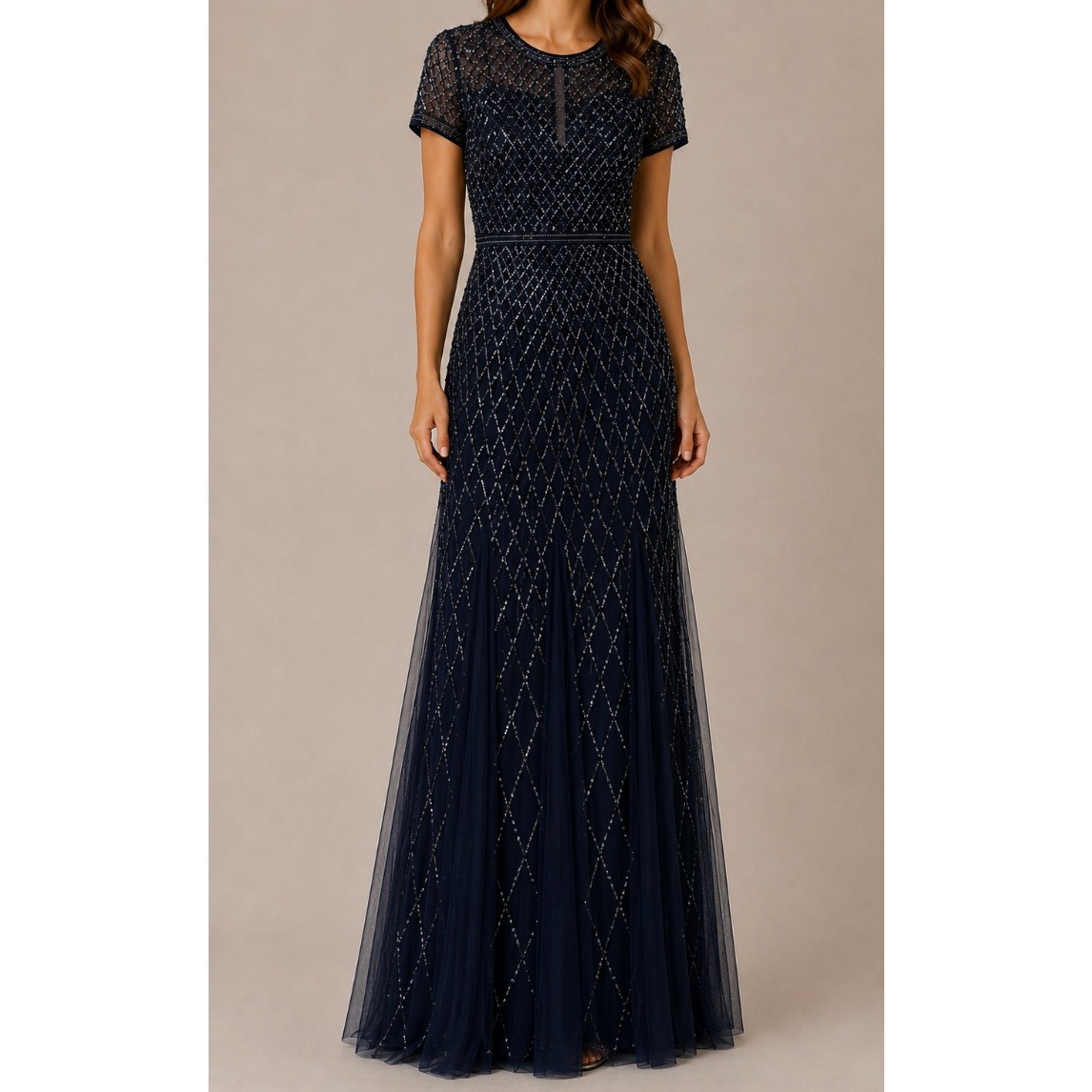 New Adrianna Papell Navy Blue Beaded Sequin Mesh Evening Gown Dress Wedding 14